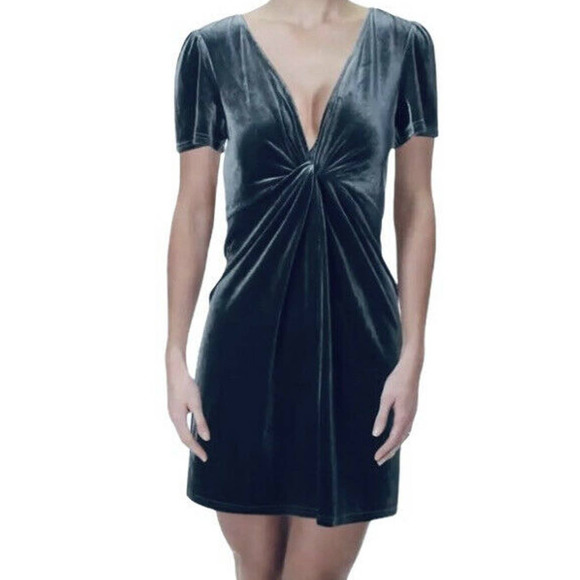 Aqua Blue-Gray Velvet Shimmer Stretch Deep V-Neck Plunge Cocktail Party Dress - Picture 13 of 13